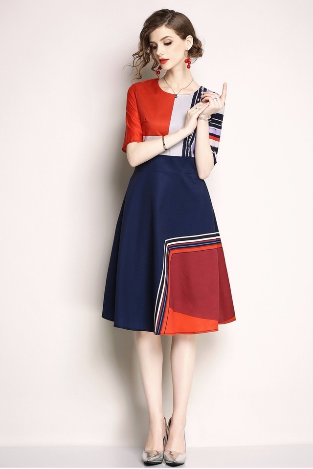 バイカラーロングワンピース ハイウエストワンピース 半袖ワンピース Lavy 秋 冬 レディースアパレル Kosy