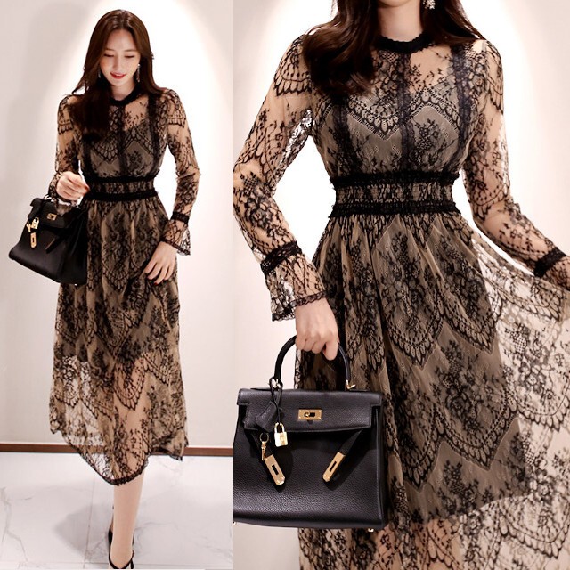 予約販売 結婚式 ドレス S M L Xl シースルー お呼ばれ ワンピース ベージュ オールレース エクステンションカフス ベルスリーブ ロング ブラック 黒 レース ワンピース 長袖 レディース ミモレ丈 Favoritdress