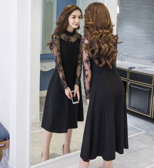 パーティードレス ニットワンピドレス レース 長袖 花柄 セーター 薄手 ロングスカート フォーマルドレス 二次会 Dress Suba