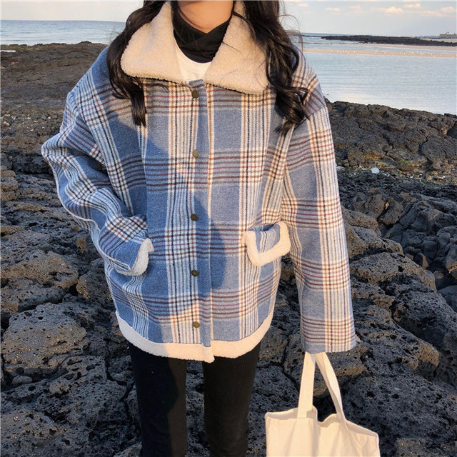 チェックのボアジャケット レディースボアブルゾン ガーリーカジュアル ブルー ベージュ 青 冬 プチプラ通販 韓国系 86 Idear