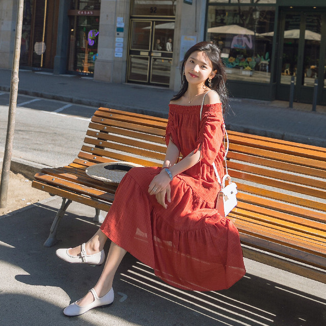 夏 オフショルダー 可愛いリボン5分袖 ミドル丈 着やすいウエストゴム 段々も可愛い オフショルダーワンピース Mahalore To All Ladies