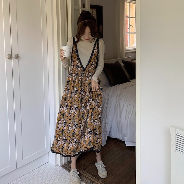 セットアップ 2点セット ワンピース 花柄 レース Vネック ロング丈 マキシ丈 フレア Aライン カットソー タートルネック 長袖 レトロ ガーリー フェミニン きれいめ 秋 冬 春 Pp Mahha Planet