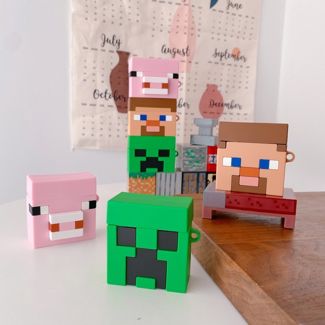 Airpods Pro Airpods ケース Case シリコン カラビナ付 保護 カバー Minecraft Earth Creeper Pig Head Steve 対応機種 エアポッズプロ エアポッズ第2 1世代 かわいいairpodsケース Switchカバー Iphoneケース Airtagホルダー New I
