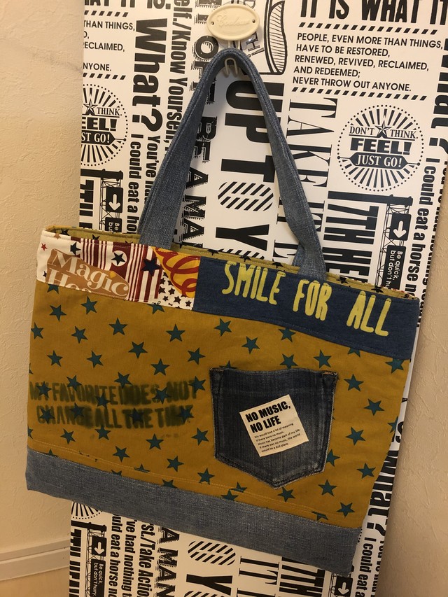 デニムリメイク Tシャツリメイク ニコちゃん レッスンバッグ Karafuru