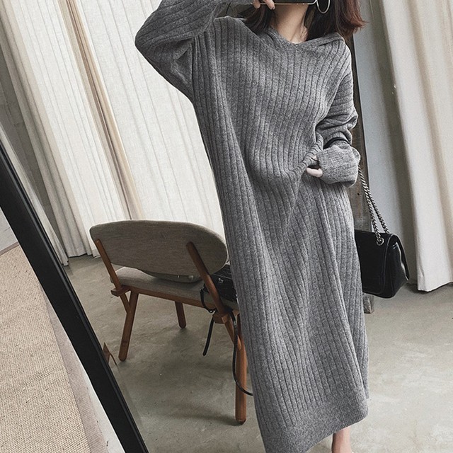 フード付き ニットワンピース レディース ゆったり ロングワンピース 長袖 カジュアル 無地 シンプル 大人 デザイン 黒 体型カバー ワンピ ワンピース Infini Arc En Ciel