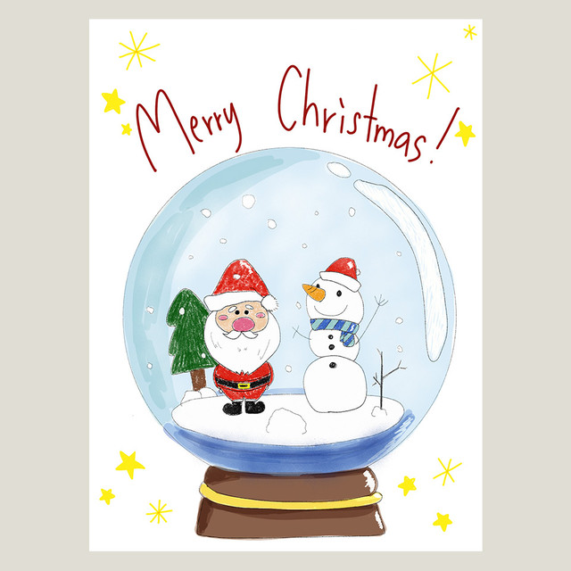 スノードームに入ったサンタと雪だるまのクリスマスカード Snow Globe Christmas Card Oeuf Infinite ウッフインフィニート