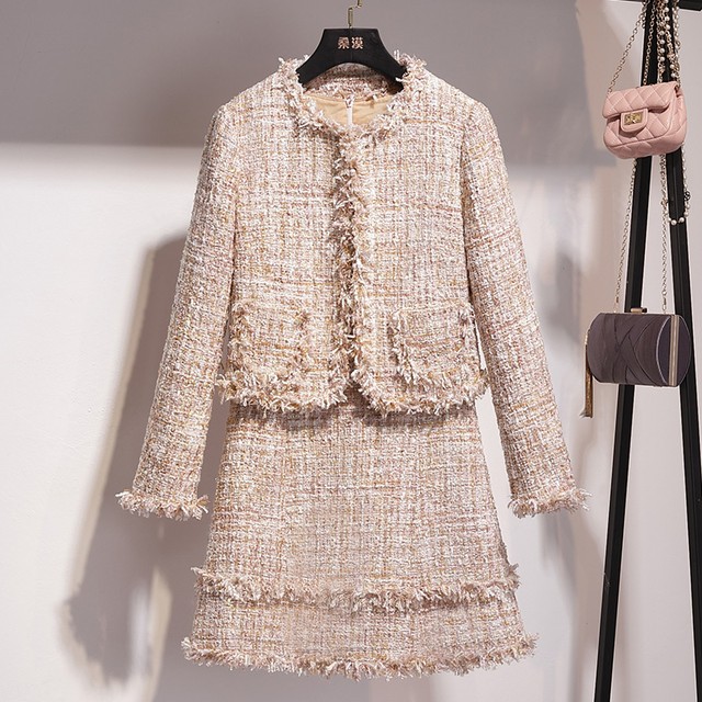 セットアップ ツイード ツーピース ワンピース ジャケット フリル ロングスリーブ Aライン フリンジ 長袖 ピンク 春 秋 カワイイ ポケット ジップ 女子 オフィスカジュアル フォーマル 大きいサイズ Like Fashion プラス