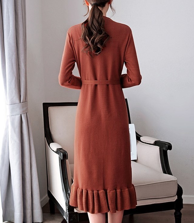 ワンピース ミディ丈 ロング丈 ロングワンピース ニットワンピース 無地 長袖 ウエストリボン ハイネック 通勤 オフィス 秋冬 Yi6 Valentina210