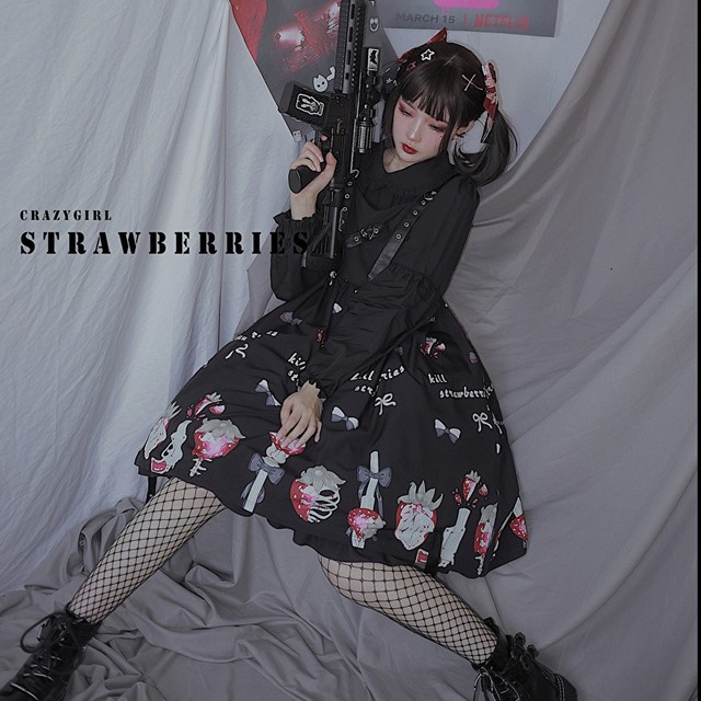 ゴスロリ系 ワンピ Crazygirl 病み可愛い オリジナルデザイン いちご サスペンダー 十字架 ロリィタ 原宿系10代 代 天使と悪魔 サブカル系ファッション Seasonz