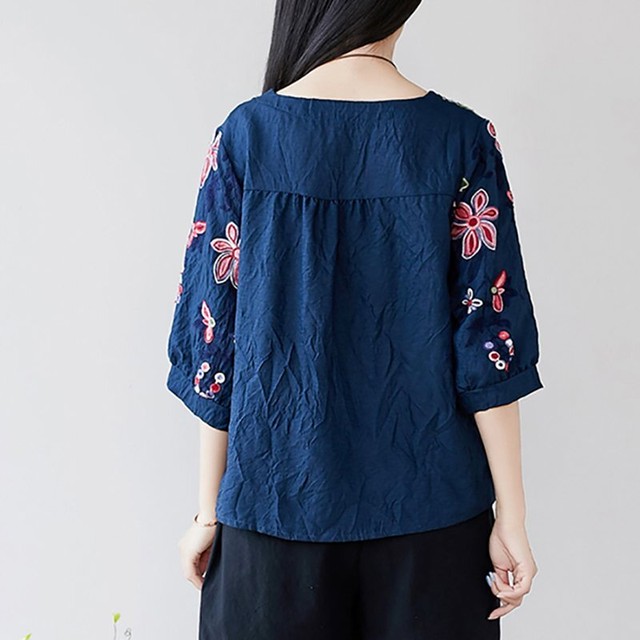 シャツ ブラウス 7分袖 丸首 刺繍 花柄 可愛い ゆったり 春 夏 森ガール 薄地 涼しい ひんやり レディース 秋 フラワー カットソー 430 A B