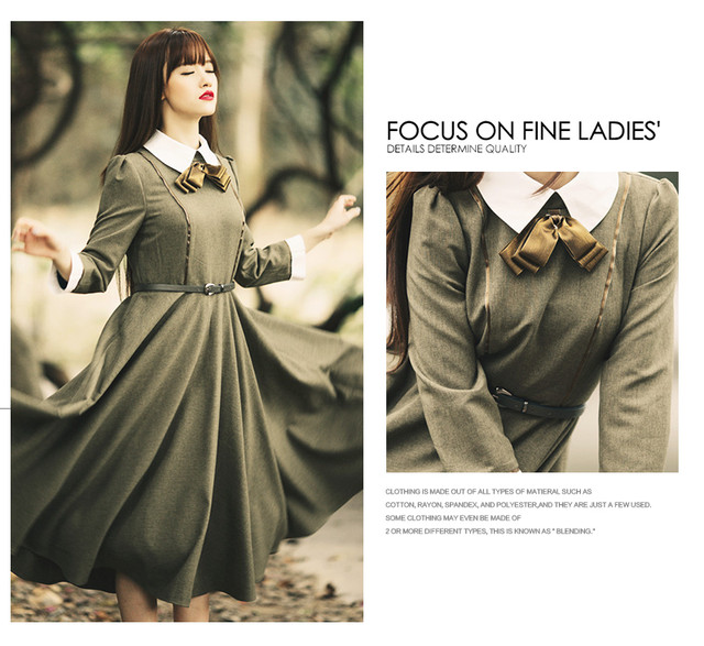 ワンピース 大人 ひざ丈 ボウタイ リボン 長袖 セーラーカラー フレア Aライン ハイウエスト ウエストマーク 大きいサイズ 体型カバー かわいい きれいめ フェミニン Evergreen