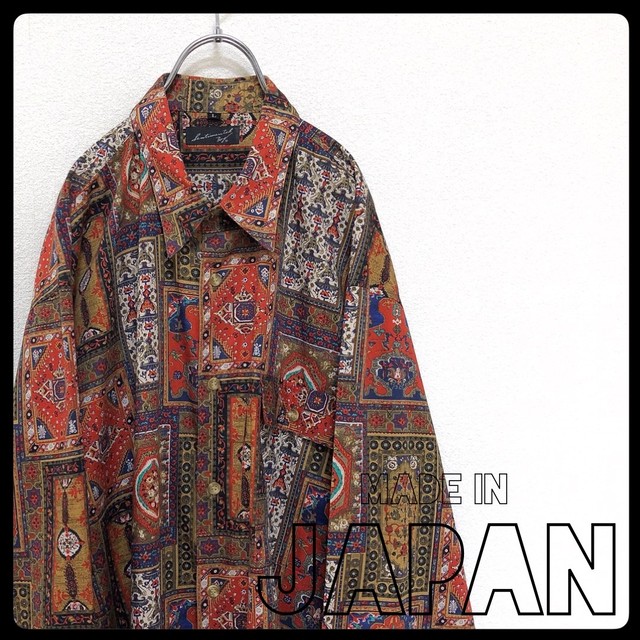 Art Pattern Long Sleeves Cotton Shirt メンズ 古着 総柄 オーバーサイズ 長袖 シャツ レトロ コーデ