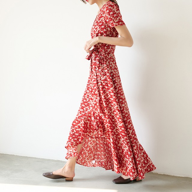 フラワープリント フィッシュテール ドレス ワンピース 赤 小花柄 ウエストリボン Vネック キレイめコーデ キレイめカジュアル Garage Diva 106