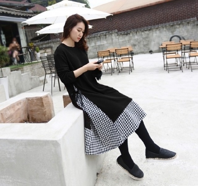 ギンガムチェック リボン ワンピース ブラック 白 黒 ワンピース ロングワンピース カジュアル 秋冬 I 053 Rianjoule ドレス 女子会ファッション トレンド セレクトショップ