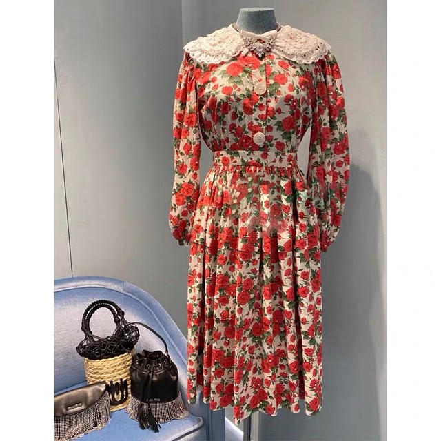 赤 薔薇 フラワー 花柄 ワンピース Xl 丸襟 ガーリー Loveysmileshop