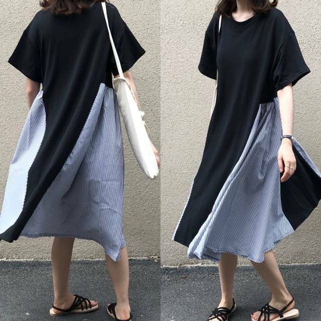 ワンピース レディース tシャツワンピース ミディワンピース 切り替え ストライプ 異素材 大人カジュアル デイリー Happy Toon