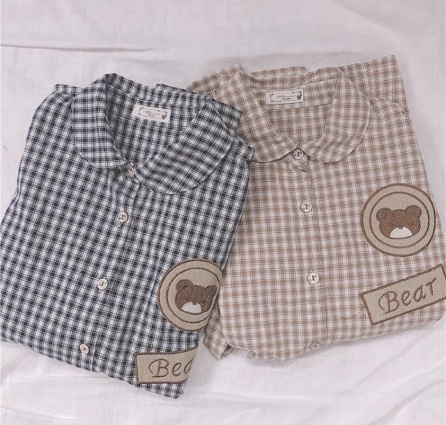 レディースファッション シャツ ブラウス チェック柄 かわいい クマプリント おしゃれ カジュアル トップス More Lluze モア ルーゼ