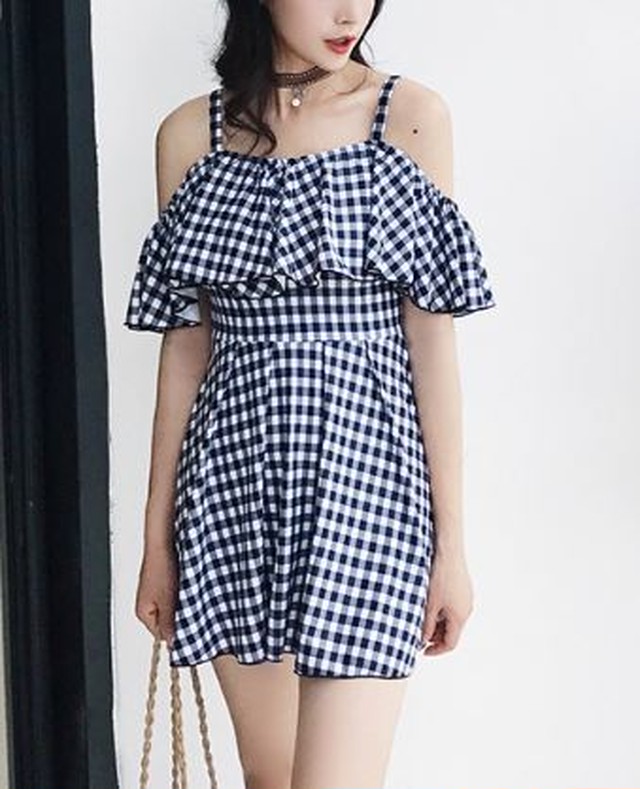 水着 ワンピース キャミソール グレンチェック フレア 夏 スリム カジュアル 可愛い 着やせ レディース リゾート Jm354 ワンピの里