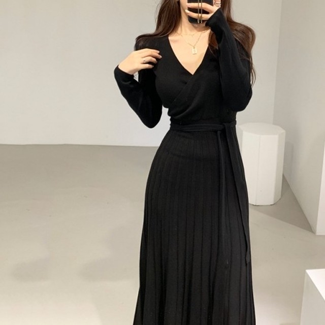 ニットワンピ ニットワンピースロング タイト コーデ 40代 冬 50代 Vネック 30代 きれいめ 膝丈ワンピース 40代 黒 フォーマル 上品 ニットワンピース おしゃれ 長袖 無地 カジュアル Dress No Sato
