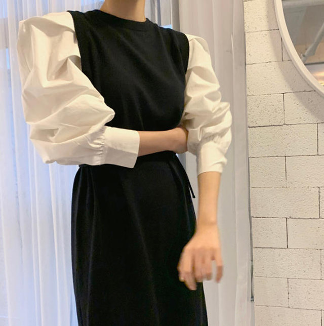 2色 ニットワンピース ロング ドッキング 長袖 きれいめ 大人可愛い レトロ 韓国 オルチャン ファッション Cocotown