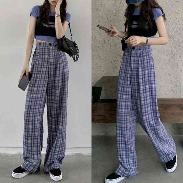 パンツ レディース ガウチョパンツ ボトムス ゆったり ズボン 大きいサイズ ウエストゴム 楽ちん おしゃれロングパンツ レディース ワイドパンツ チェック柄 ルーズ トレンド ラフ ルームウェア 爽やか 個性的 ユニーク お洒落 10代 代 30代 バイカラー シック 美脚効果