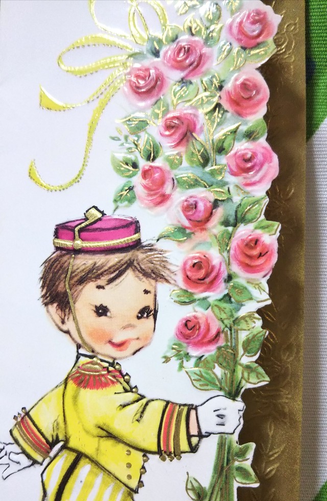 Vintage Birthday Card 薔薇の花束を持ったベルボーイ バースデイ カード 1970年代 Greeting Card グリーティング カード Linus Blanket