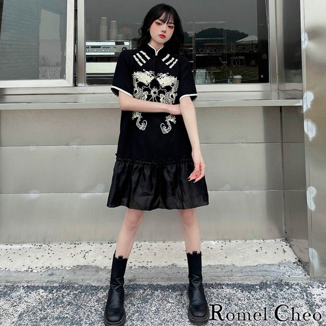 お支払い確認後日以内発送 Romelcheo 龍 刺繍 チャイナ ワンピース 黒 チャイナ風 レディース 半袖 Aライン チャイナボタン 和風 漢服 普段着 和柄 アジアン エスニック ストリート系 原宿系 病みかわ モード系 レトロ ファッション ロメルチェオ Romelcheo