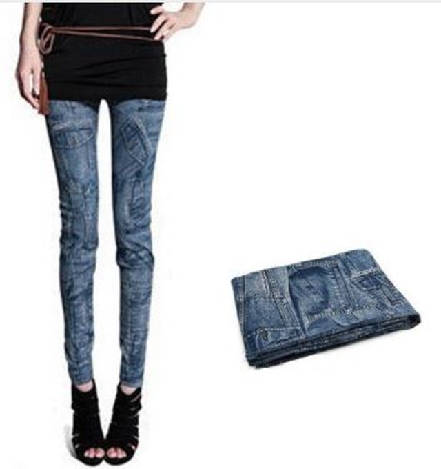 デニム風 レギンス オシャレデザイン ブルー Ruru