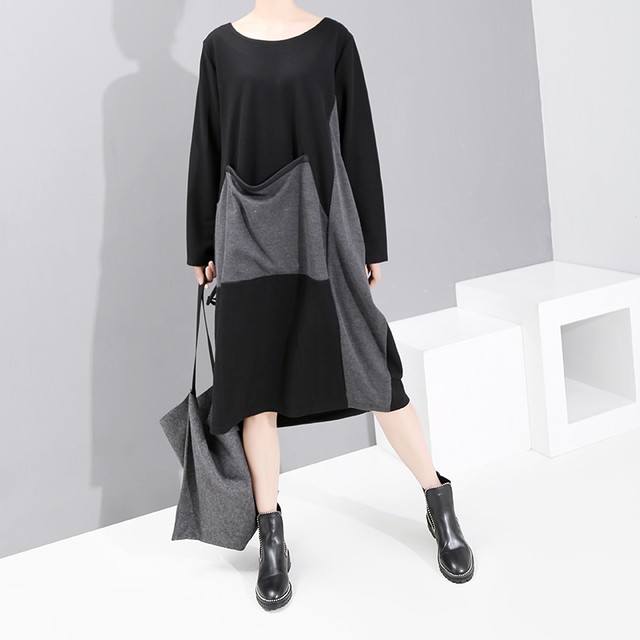 ワンピース ミディ丈 リラックス カットソー バイカラー アシンメトリー カジュアル ゆったり コクーン ブラック X139 Top Mode