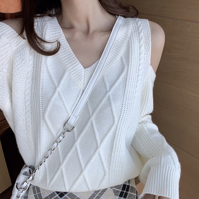 ケーブル編み レディース 肩だし ニットセーター Vネック ニットトップス 白 黒 無地 シンプル お洒落 かわいい ニットソー 長袖 きれいめ ニット トップス Infini Arc En Ciel