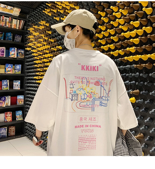 韓国好きにはもってこい メンズオーバーサイズドプリントtシャツ 韓国 ルーズフィット 丸首 ハングル文字 F2u