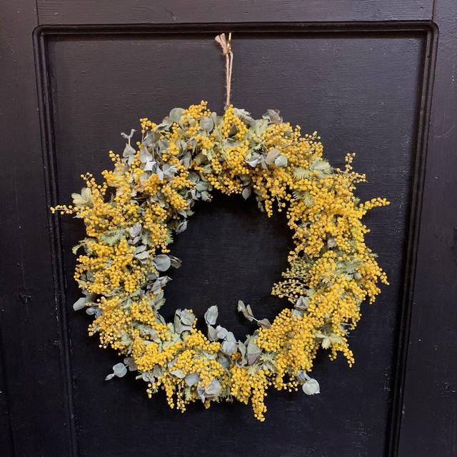 Dried Flower Mimosa Wreath ドライフラワーリース ミモザ ユーカリの黄色いリース ドアリース Number12
