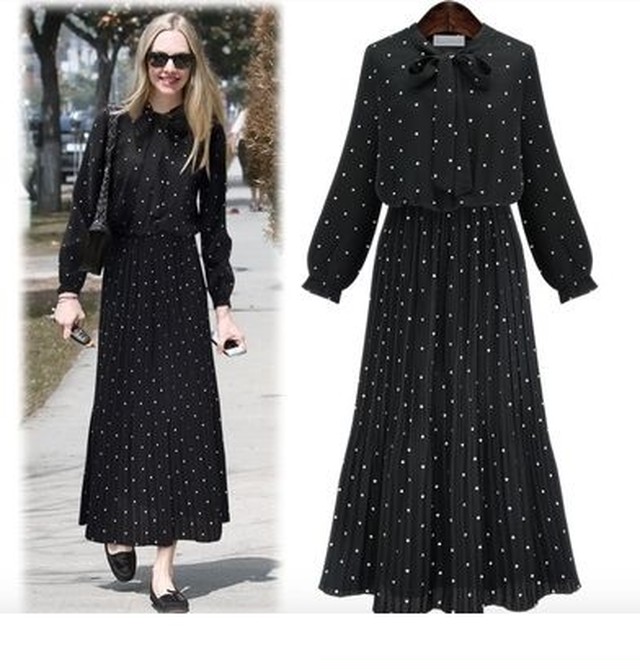ドッド柄 マキシ丈 パフスリーブ プリーツ ワンピース 黒 シフォン シャツワンピース エレガント 秋冬 I 042 Rianjoule ドレス 女子会ファッション トレンド セレクトショップ