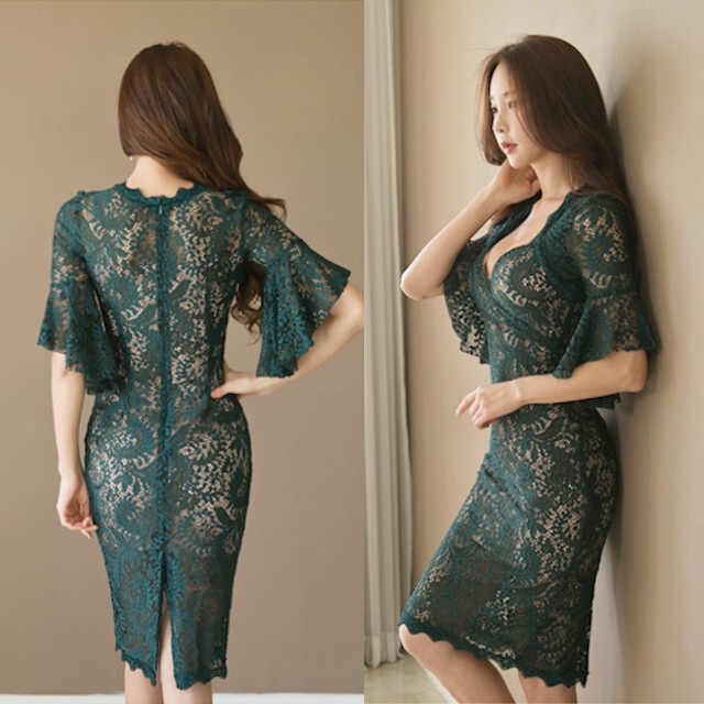 予約販売 結婚式 ワンピース ドレス S M L Xl お呼ばれ ワンピ 高見え ドレス 大人 美人 レース セクシー モスグリーン ペンタゴンネック 花柄 ボリューム袖 総レース シースルー タイトドレス くびれ 上品 スリット Favoritdress