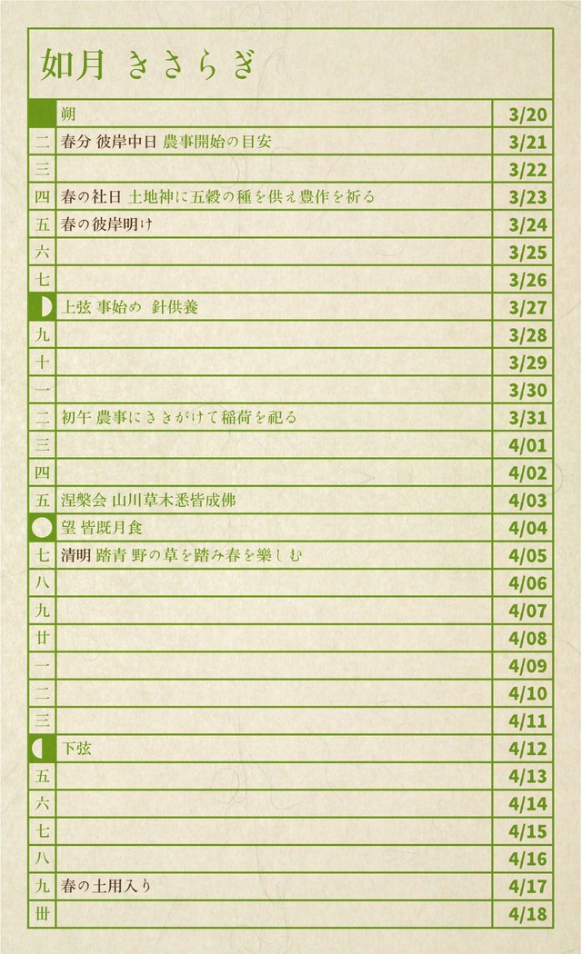 自然と月の移り変わりを感じながら暮らす 農藝ごよみ 和暦月齢カレンダー 15 16 あらたま 農藝舎 農から未来を見つめなおす
