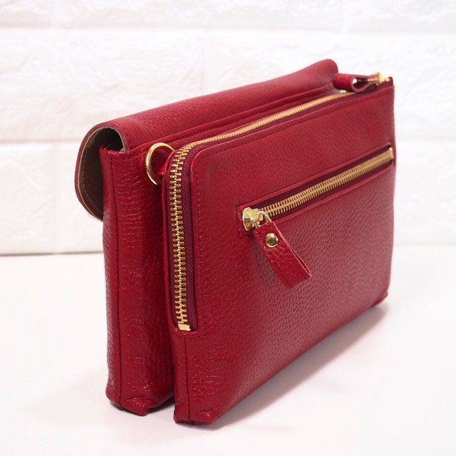 ハンドメイド 日本製 本革 お財布ポシェット 差し込み留め金具 サコッシュ 斜め掛けショルダーバッグ スマホ アカ色 クリスタル ブランド