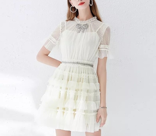 ホワイト 白 フリル フレア スカート ワンピース リボン オーガンジー ミニスカート チュニック チュール ドレス レース 白 Xl Loveysmileshop