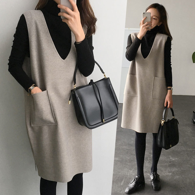 送料無料 ノースリーブワンピース ジャンスカ ひざ丈 Vネック 無地 ゆったり 流行 春秋冬 グレー グレージュ ａ574 La Vie En Rose