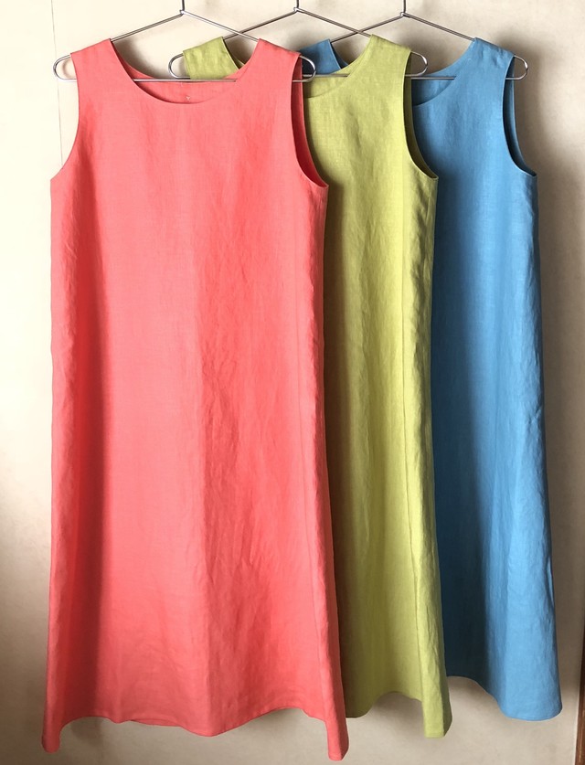 リネンのノースリーブワンピース Mサイズ オレンジ ラフランス ターコイズ Yuki Kawaguchi Web Shop