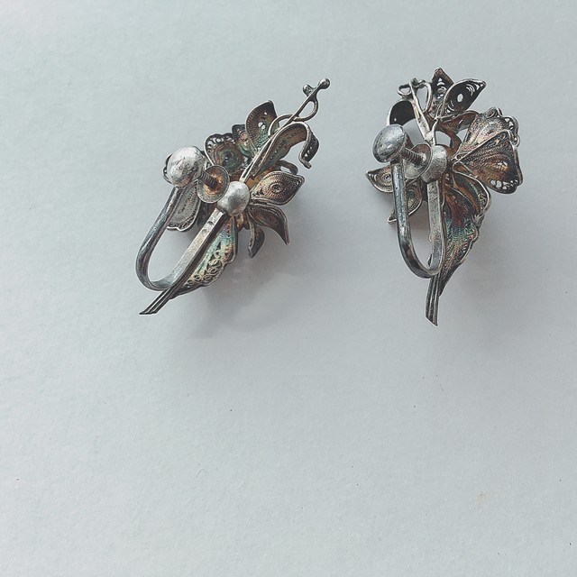 Vintage Silver Filigree Flower Earrings ヴィンテージ シルバー フィリグリー 銀細工 フラワー 花 イヤリング Obakepeach