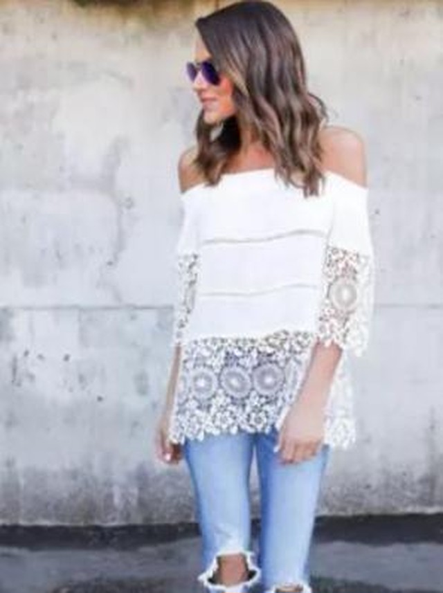 大人気 セクシーなオフショルダー キャミソール ホワイト 白 シースルー 花柄 ワンピース シャツ ブラウス レディース Y S