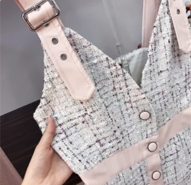 生産終了 即納 ツイードワンピース ピンク袖先フリル指先出が可愛いセットアップ オシャレ レトロ ガーリー ピンク ツイード 高級 イチゴちゃんショップ