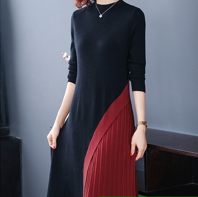 ワンピース ウール ニット ひざ丈 ラウンドネック 長袖 無地 Aライン サイドプリーツ アシンメトリー 大人可愛い きれいめ エレガント 秋冬 お出かけ デート オフィス 通勤 女子会 バイカラー ツートン Prism One プリズム ワン