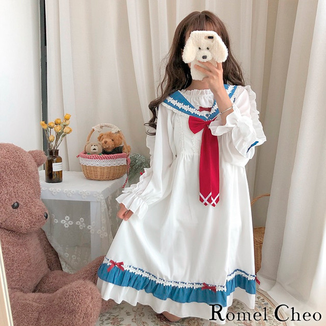 お支払い確認後日以内発送 Romelcheo トリコロール リボン ワンピース セット セットアップ 3ピース スリーピース ロリータ セーラー フリル 爽やか 半袖 長袖 マリン スタイル ガーリー ゆめかわ 大人可愛い 原宿系 3way ロメルチェオ Romelcheo