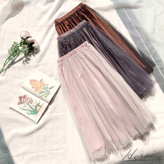 ハイウエスト チュールスカート レース シースルー シフォン 春夏 ウエストゴム フェミニン フレア プリーツ 代 30代 Horai