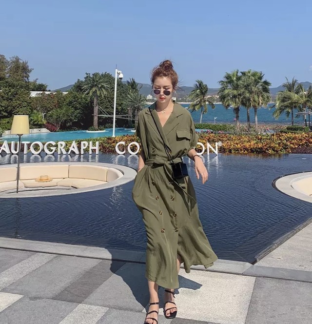 レトロなロングワンピース グリーン Vraiami