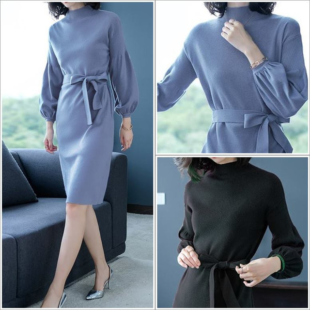 ワンピース バルーン袖 ピーチワンピース レディース フォーマルワンピース ハイネック ウエストリボン 秋冬 長袖 ドレス エレガント ひざ丈 オフィス Officewalaa オフィスワラア レディースファッション スタイル