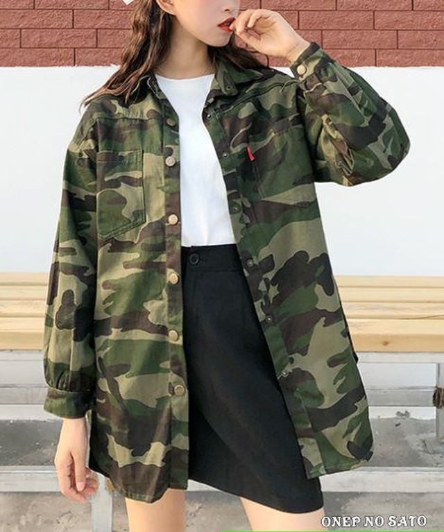 シャツ レディース 長袖 ロング チュニック ブラウス ジャケット トップス 迷彩柄 カジュアル 可愛い ゆったり Jm96 Dress No Sato