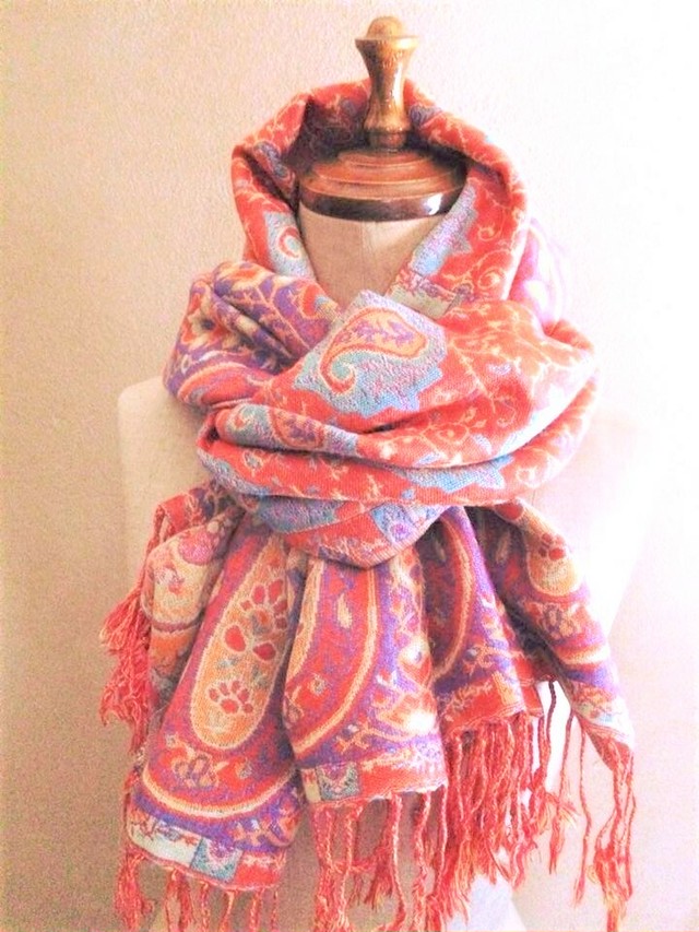 パシュミナストール オレンジ ベージュ 世界の雑貨 セレクトショップ ペイズリー