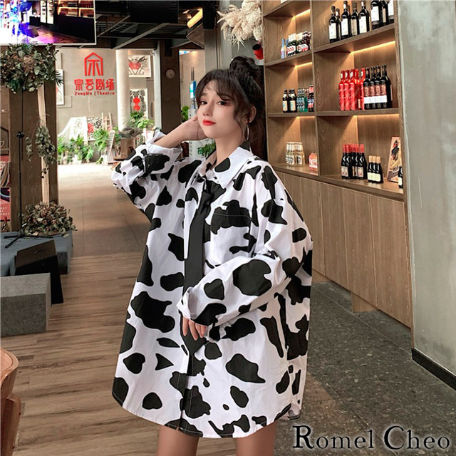 お支払い確認後日以内発送 Romelcheo ネクタイ付き 牛柄 シャツ アニマル柄 レディース 白黒 総柄 プリント 長袖 ビッグシルエット ゆったり 韓国 原宿系 ストリート系 青文字系 大人可愛い ガーリー カジュアル ファッション ロメルチェオ Romelcheo